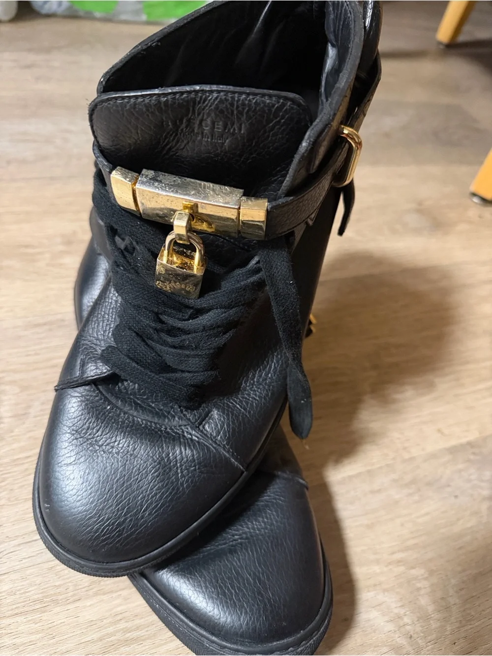 Buscemi Black Leather High-Top Sneakers with Gold Hardware